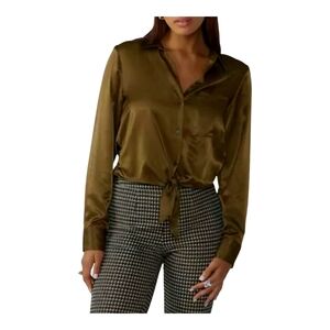 Sanctuary Bronze Green Satin Tie-Front Blouse Button Down Long Sleeve Sz Small